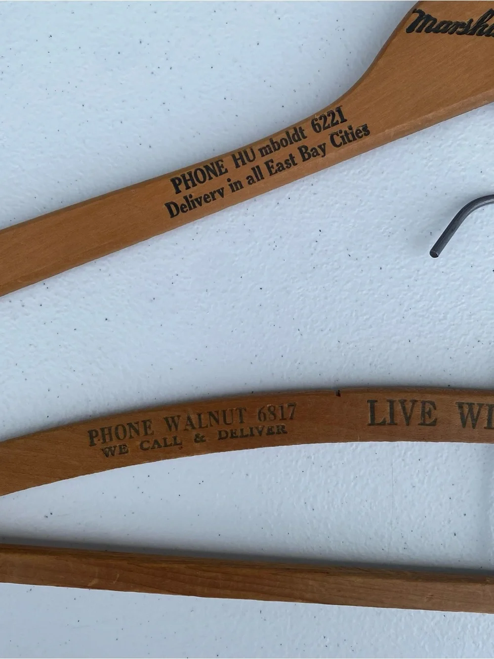 Lot of 2 : Vintage Wooden Advertising Clothes Hangers Marshall Steel Live Wire